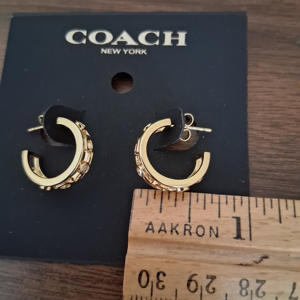 Coach Gold Embellished Signature "C" Logo Hoop Earrings With Crystal Accents NWT - Picture 8 of 10